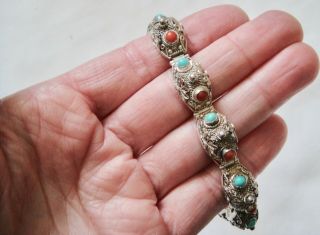Vintage Chinese Sterling Silver Filigree Turquoise Coral Panel Bracelet 8