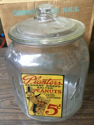 Vintage Planters Peanut Octagon Store Display Glass Jar Peanut Lid Pennant Ok