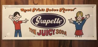 Vintage 1960s Grapette Embossed Tin Soda Advertising Sign - Very