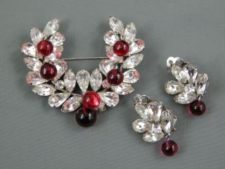 Vintage Signed Kramer Of Ny Clear Rhinestone & Ruby Glass Bead Brooch & Earrings