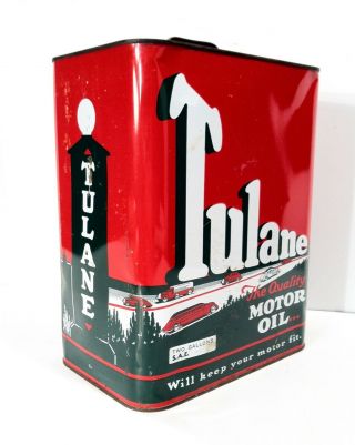 Vintage 1930s TULANE Oil Old Tin Metal Can W/ Car Graphic Sign RARE 2 Gallon 2
