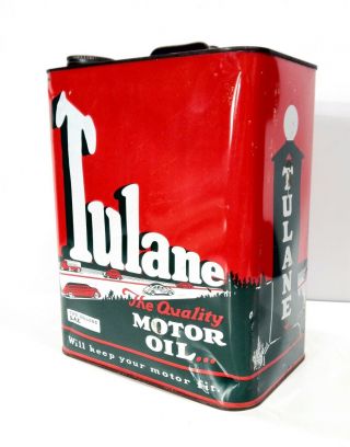 Vintage 1930s TULANE Oil Old Tin Metal Can W/ Car Graphic Sign RARE 2 Gallon 4