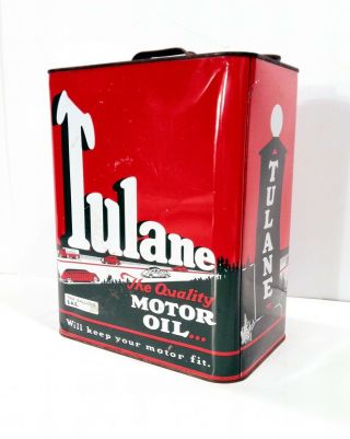 Vintage 1930s TULANE Oil Old Tin Metal Can W/ Car Graphic Sign RARE 2 Gallon 5