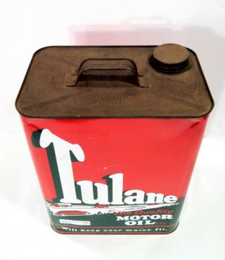 Vintage 1930s TULANE Oil Old Tin Metal Can W/ Car Graphic Sign RARE 2 Gallon 6