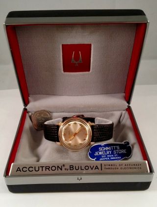 Bulova Accutron 1966 Model 214 10K gold filled.  Orig box/paper,  buckle & ' coin ' 5