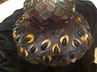 Vintage Tiffany Style Stained Glass Lamp Shade Jeweled Feather Pattern 15 "