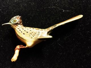 Takahashi Vintage Carved Wood Roadrunner Bird Pin Brooch Lacquer Hand Painted