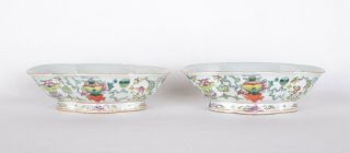 Chinese Porcelain Fencai Footed Bowls Of Lobed Shape.  Late Qing.