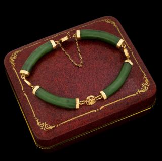 Antique Vintage Art Deco 14k Gold Chinese Nephrite Jade Segment Hanzi Bracelet