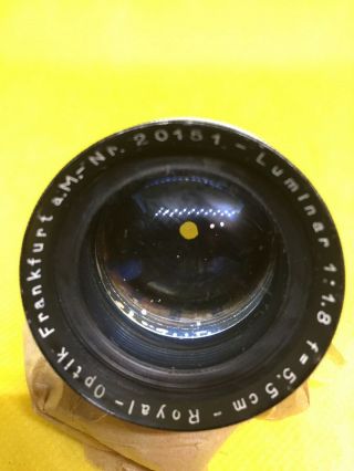 Vintage Royal Optik Frankfurt Luminar 5.  5 cm Lens 3