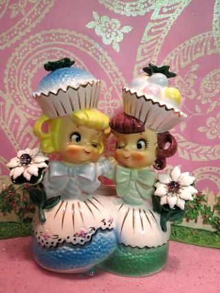 Vtg Enesco Sweet Shoppe Cupcake Candy Girls Head Vase Planter W Floral Bouquets