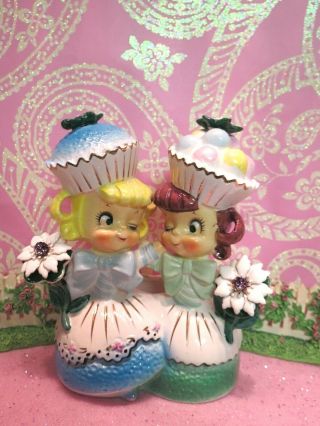 Vtg Enesco Sweet Shoppe Cupcake Candy Girls Head Vase Planter W Floral Bouquets 2