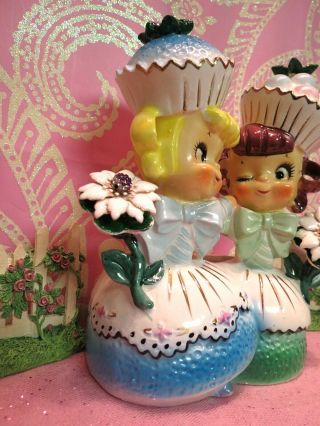 Vtg Enesco Sweet Shoppe Cupcake Candy Girls Head Vase Planter W Floral Bouquets 3