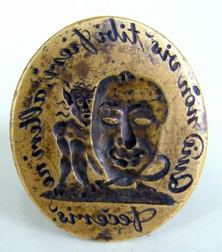 Antique 19th C.  Mens Bronze Devil Mask Latin Motto Wax Seal Signet Intaglio Ring
