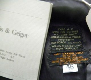 Willis & Geiger Army A2 Rare Horse Hide Jacket Size 46 Exc Unworn
