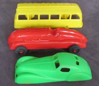 Three Vintage Plastic Vehicles - Yellow School Bus/green Jaguar/red Racer 5