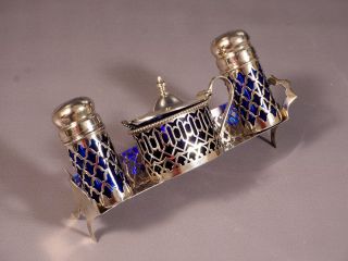 Sterling Silver Cobalt Blue Glass Salt Cellar Pepper Shaker Mustard Unusual