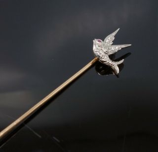 Antique Edwardian 14k Gold Platinum Diamond Ruby Flying Sparrow Stick Pin