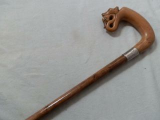 Vintage Kendall Crook Handle Fox And Swan Walking Stick - Silver 1922 London