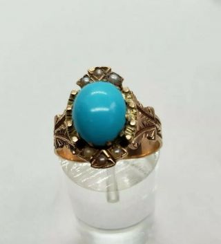 Antique Victorian 14k Yellow Gold Turquoise & Seed Pearl Ring Sz 6 3/4