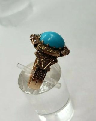 Antique Victorian 14k yellow gold Turquoise & Seed Pearl ring sz 6 3/4 2