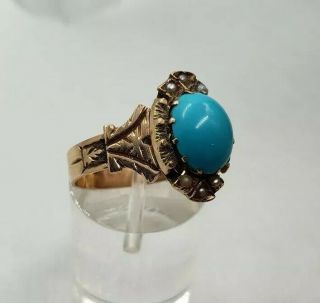 Antique Victorian 14k yellow gold Turquoise & Seed Pearl ring sz 6 3/4 3