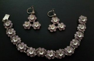 Vintage Sterling Floral Guilloche Violet Enamel Bracelet & Earring Meka Denmark