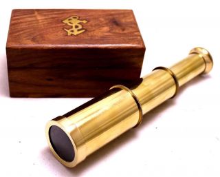 Captains 6 " Brass Handheld Mini Telescope With Wooden Box Nautical Collectibles