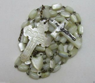 † Enormous Antique Etched Crucifix & Hand Cut Mother Of Pearl Rosary 23 5/16 †