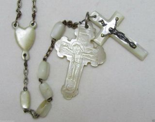† ENORMOUS ANTIQUE ETCHED CRUCIFIX & HAND CUT MOTHER OF PEARL ROSARY 23 5/16 † 2