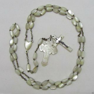† ENORMOUS ANTIQUE ETCHED CRUCIFIX & HAND CUT MOTHER OF PEARL ROSARY 23 5/16 † 3