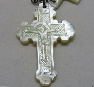 † ENORMOUS ANTIQUE ETCHED CRUCIFIX & HAND CUT MOTHER OF PEARL ROSARY 23 5/16 † 4