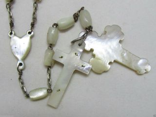 † ENORMOUS ANTIQUE ETCHED CRUCIFIX & HAND CUT MOTHER OF PEARL ROSARY 23 5/16 † 5
