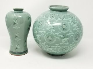 Set Of 2 Asian Chinese Green Crane Birds Floral Vase,  9 " And 8 "