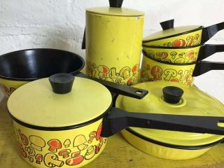 Vintage Toy Set Yellow Enamel Tin Pots Pans W/mushrooms 1960 Child Doll Play