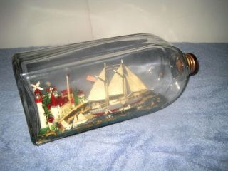 Detail Ship & Boats Seaside Village Lighthouse Diorama Scene In A Bottle