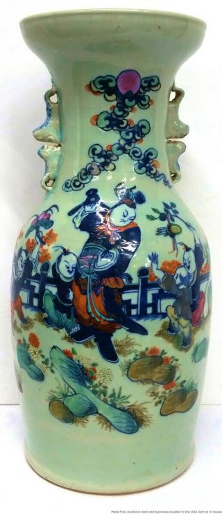 Antique Chinese Qing Large Porcelain Enamel Pale Celadon Famille Verte Vase