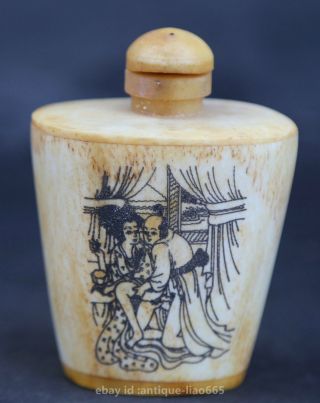 2.  8 " China Oxen Bone Carving Drawing Ancient Men Women Copulation Snuff Bottle 2