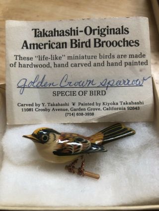 Vintage Takahashi Painted Wood Bird On Tree Branch Pin Golden Crown Sparrow