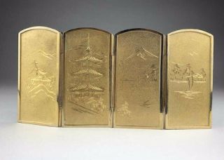 Vintage Japanese damascene folding miniature four panel 2