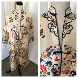 1930s Vtg Antique Hand Embroidered Chinese Silk Jacket Robe Cream Floral Print