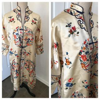 1930s VTG Antique Hand Embroidered Chinese Silk Jacket Robe Cream Floral Print 2