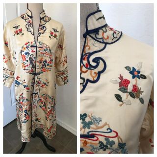 1930s VTG Antique Hand Embroidered Chinese Silk Jacket Robe Cream Floral Print 3