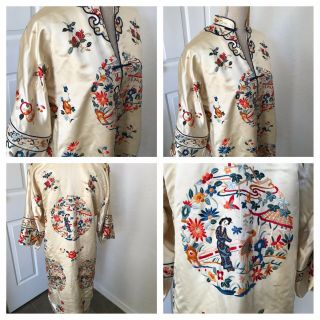 1930s VTG Antique Hand Embroidered Chinese Silk Jacket Robe Cream Floral Print 4