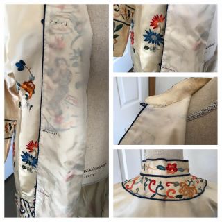 1930s VTG Antique Hand Embroidered Chinese Silk Jacket Robe Cream Floral Print 6