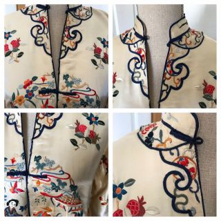 1930s VTG Antique Hand Embroidered Chinese Silk Jacket Robe Cream Floral Print 8