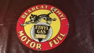 Vintage Bearcat Gasoline Porcelain Gas Oil Service Station Pump Plate Sign