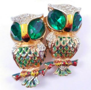 Vtg Signed Coro Duette Green Rhinestone Enamel Owl Dress Clip Brooch Set 1940s