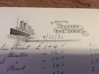 RARE 1930 RMS CARONIA STATIONARY W/ CREW PAYMENT LIST CUNARD LINE STEAMSHIP 2