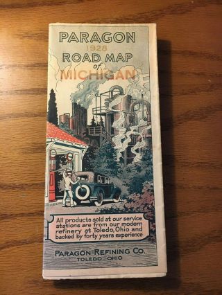 1928 Vintage Paragon Refining Co Michigan Official Highway Road Map 18 " X 24 "
